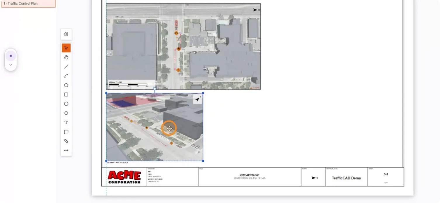 The captured 3D view dragged into place on the sheet