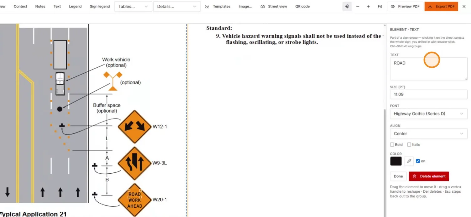 The element text editor on the word ROAD, Highway Gothic (Series D)