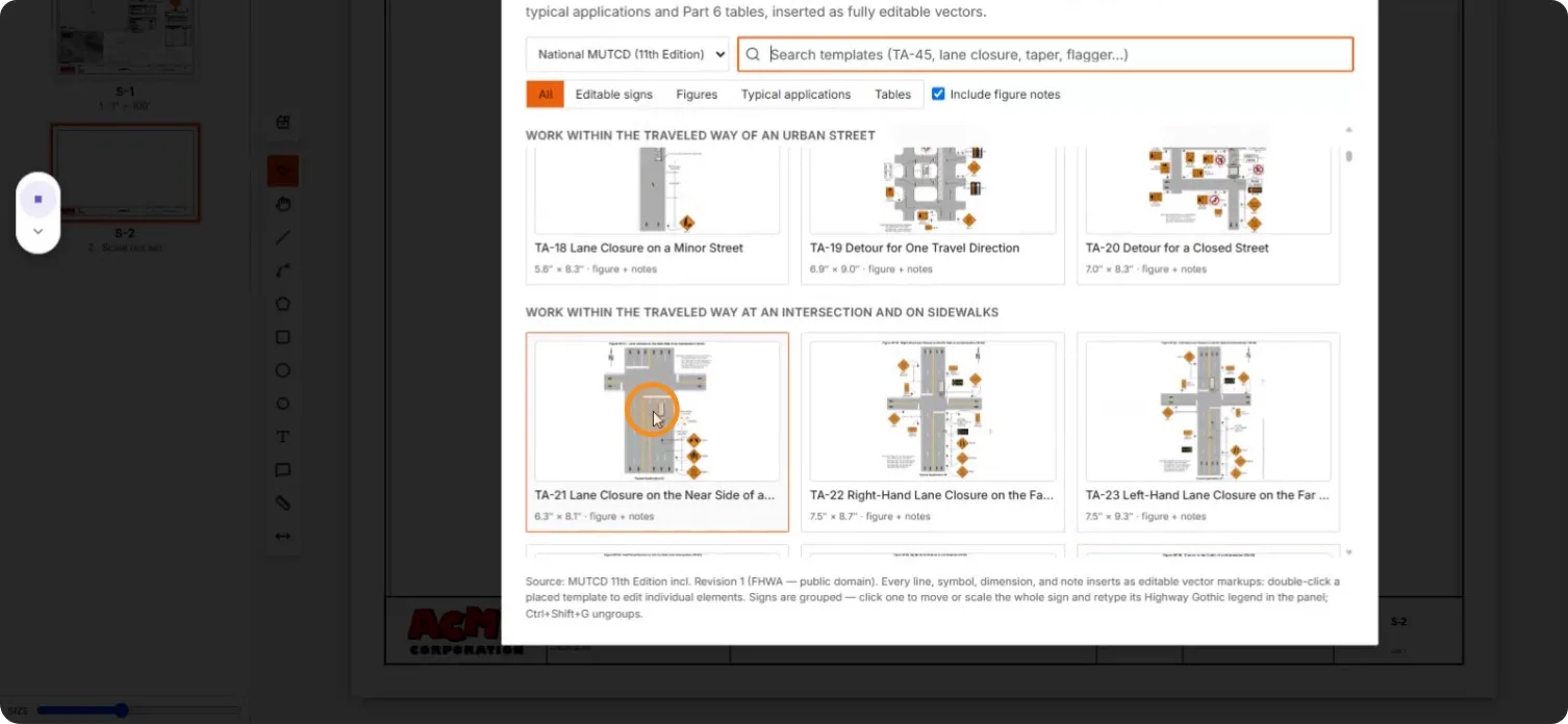 The MUTCD 11th Edition template browser with TA-18 through TA-23