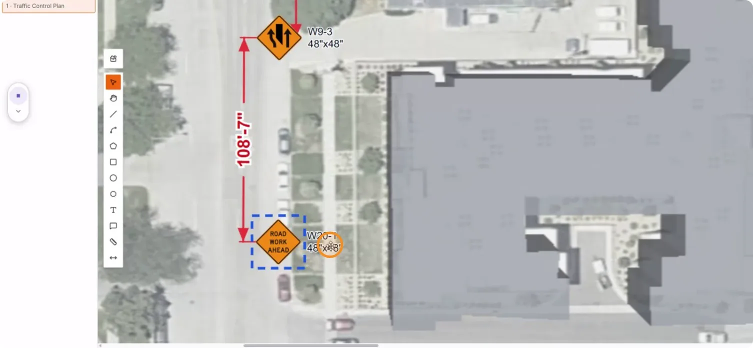 The ROAD WORK AHEAD sign selected on the sheet imagery