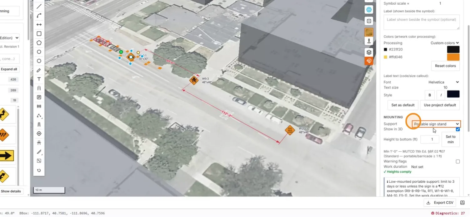 A sign's mounting properties with the MUTCD 6F.02 height check