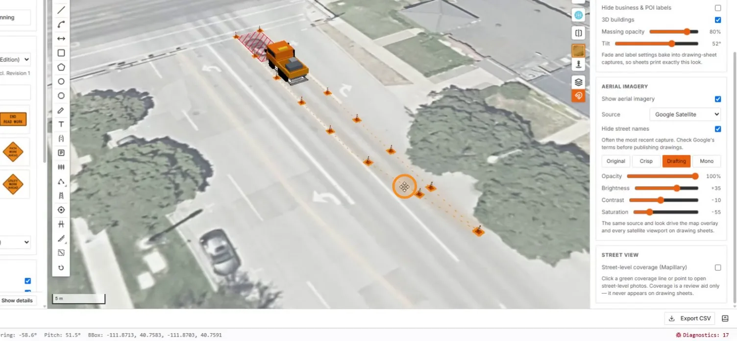 A tilted 3D view with the work truck and traffic cones along the taper