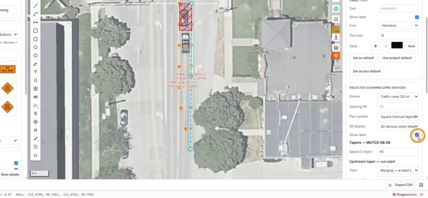 The completed cone run selected, with MUTCD taper properties and per-device spacing