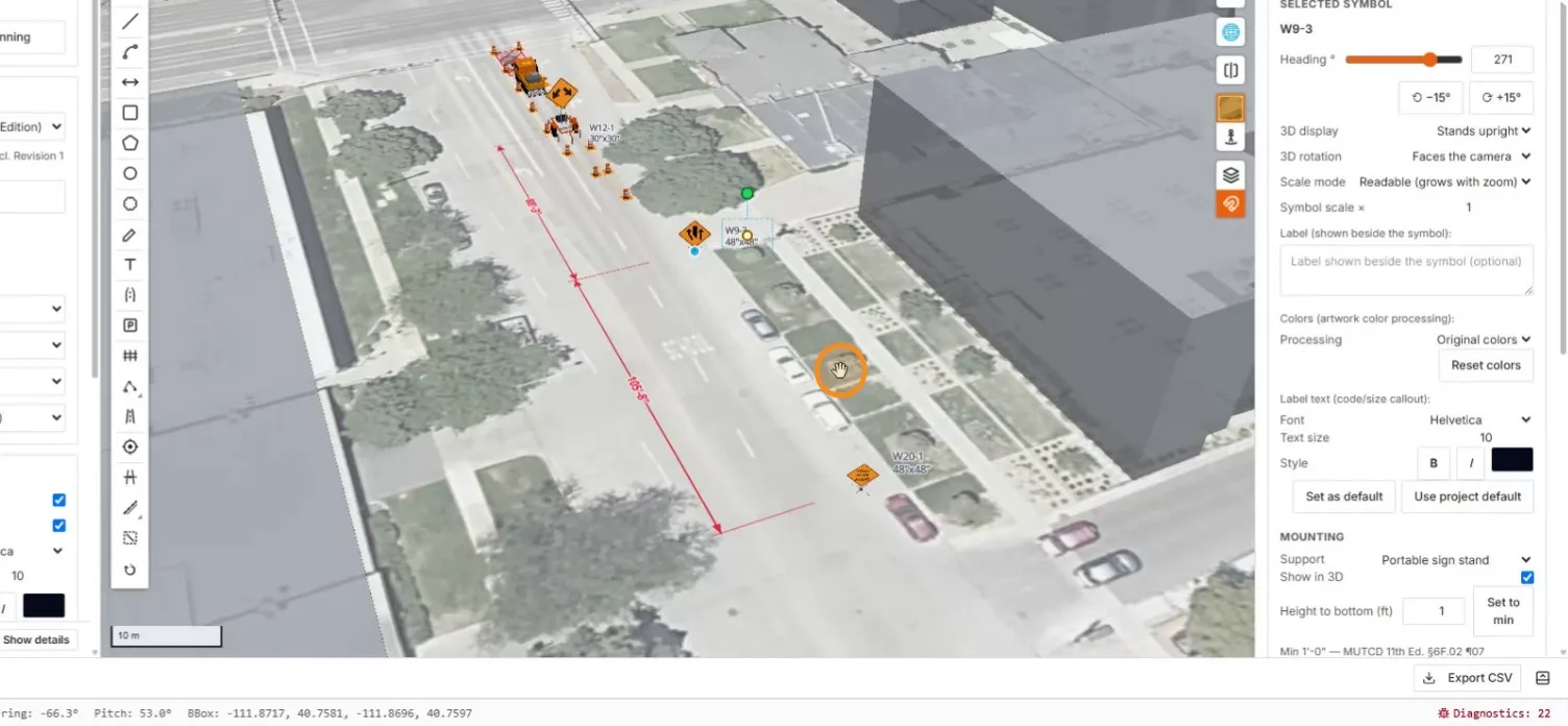 The final tilted 3D review of the complete traffic control plan
