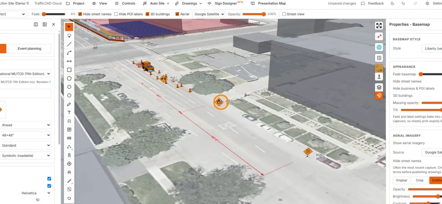 A tilted 3D overview — truck, drums, signs, dimensions, and 3D buildings