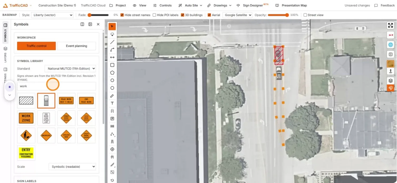Searching "work" in the symbol library with work-zone sign results