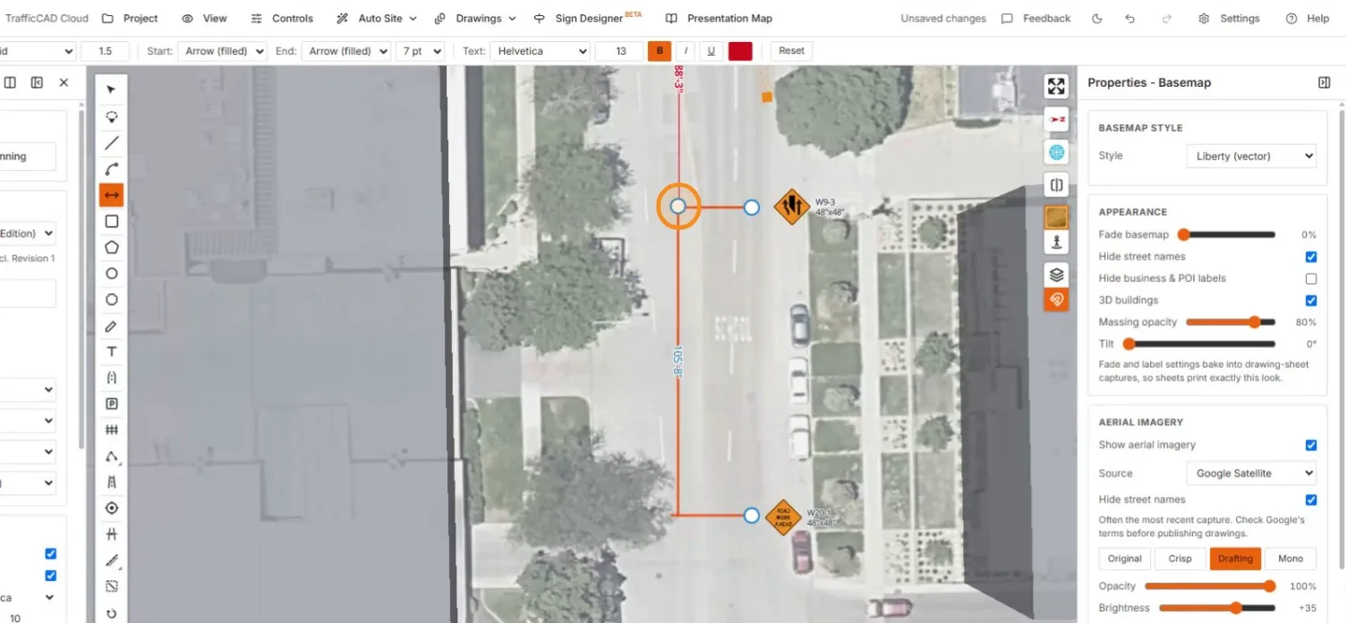 Dragging the 105'-8" dimension between the two warning signs