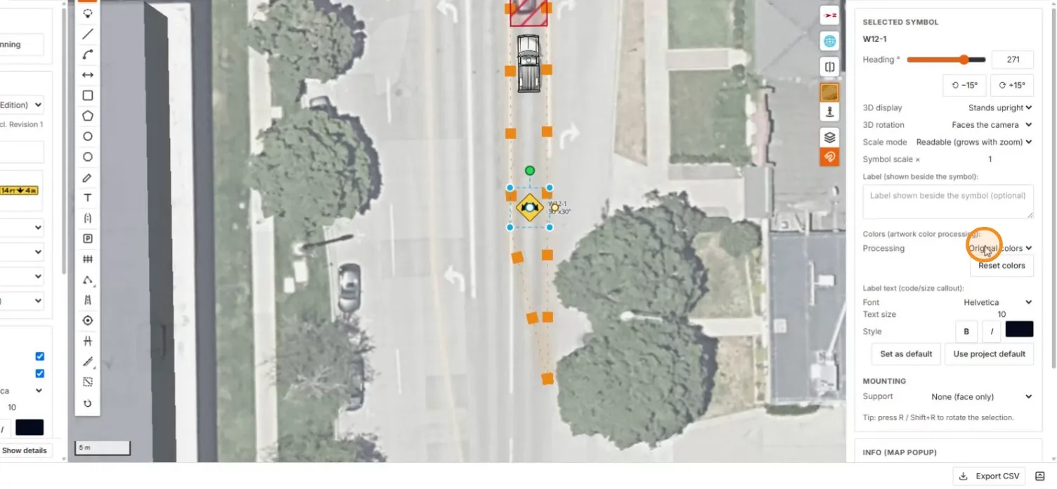 The placed W12-1 sign with the original-colors processing option