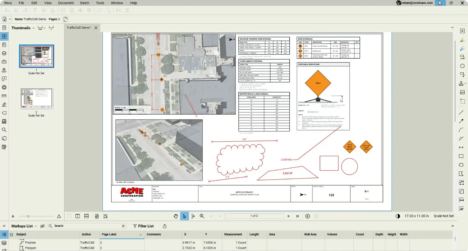 The same sheet with page-2 polyline and polygon rows in the Markups List
