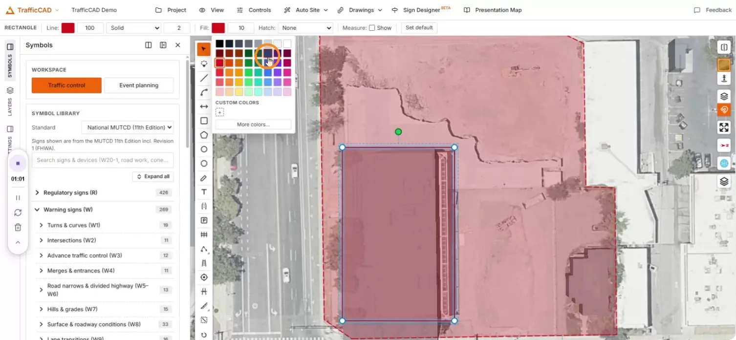 The fill color palette open over the map