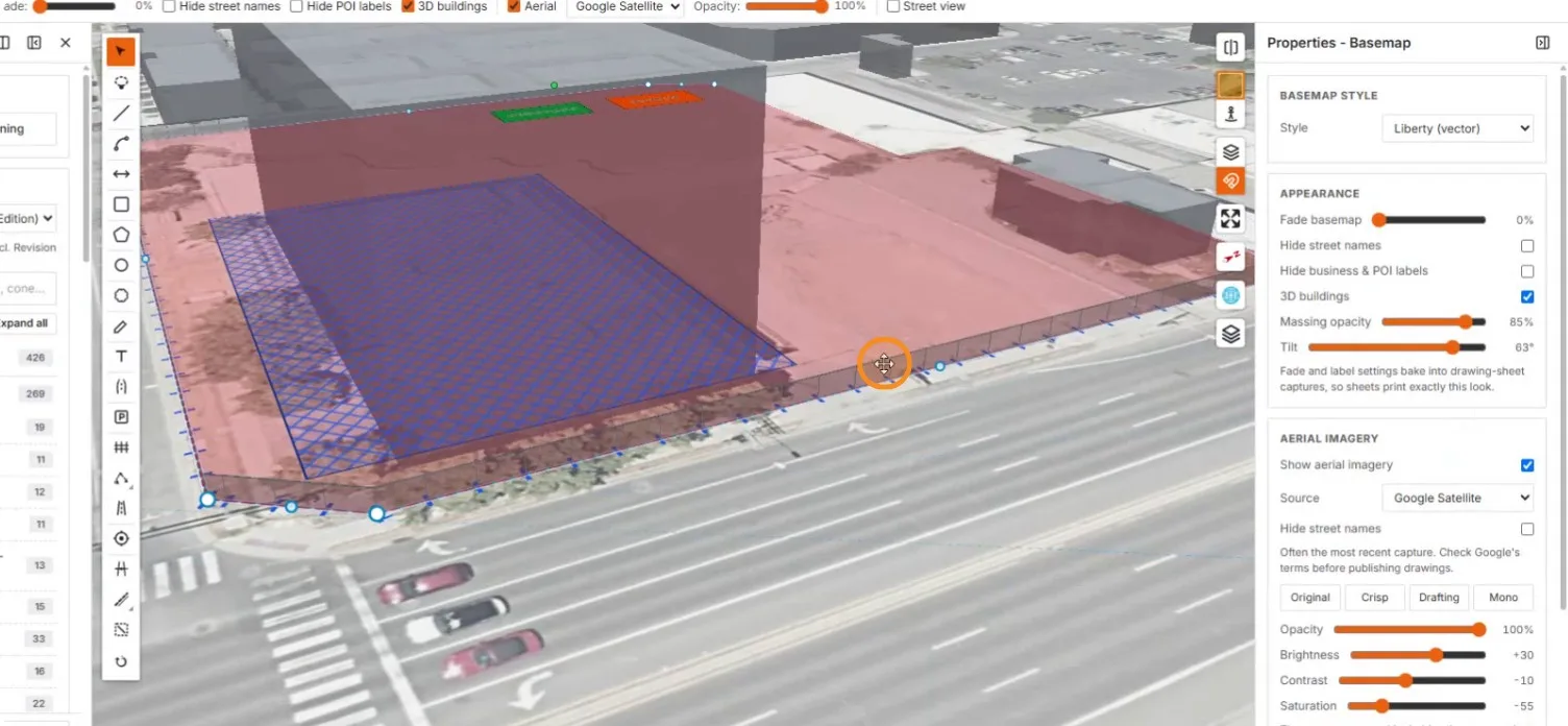 A tilted 3D overview of the fenced demolition site
