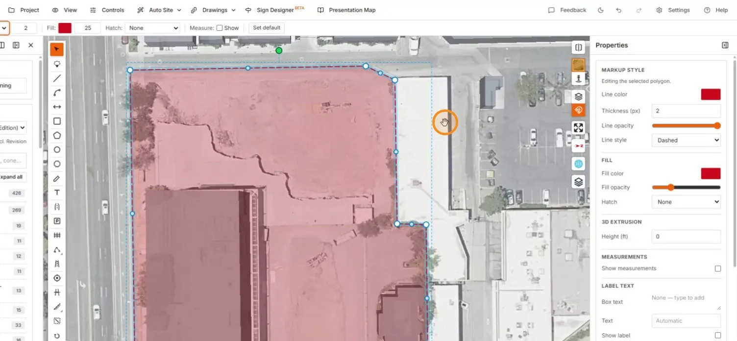 The boundary restyled to a dashed red outline with the full markup style panel