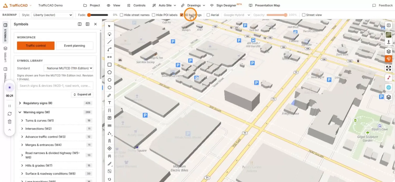 3D buildings on: extruded massing over the tilted vector basemap