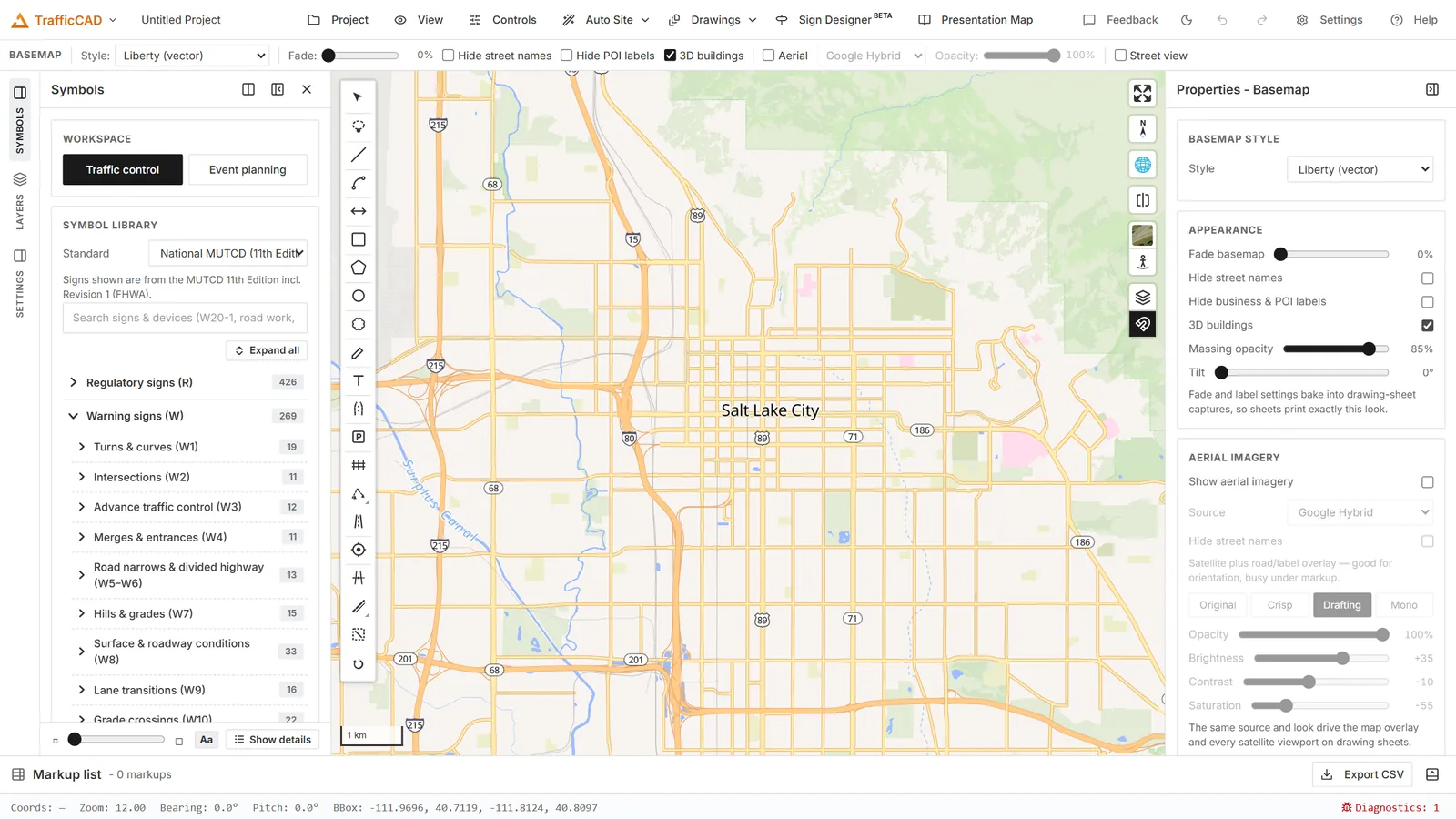 TrafficCAD as it opens — the map, ready to zoom to a site