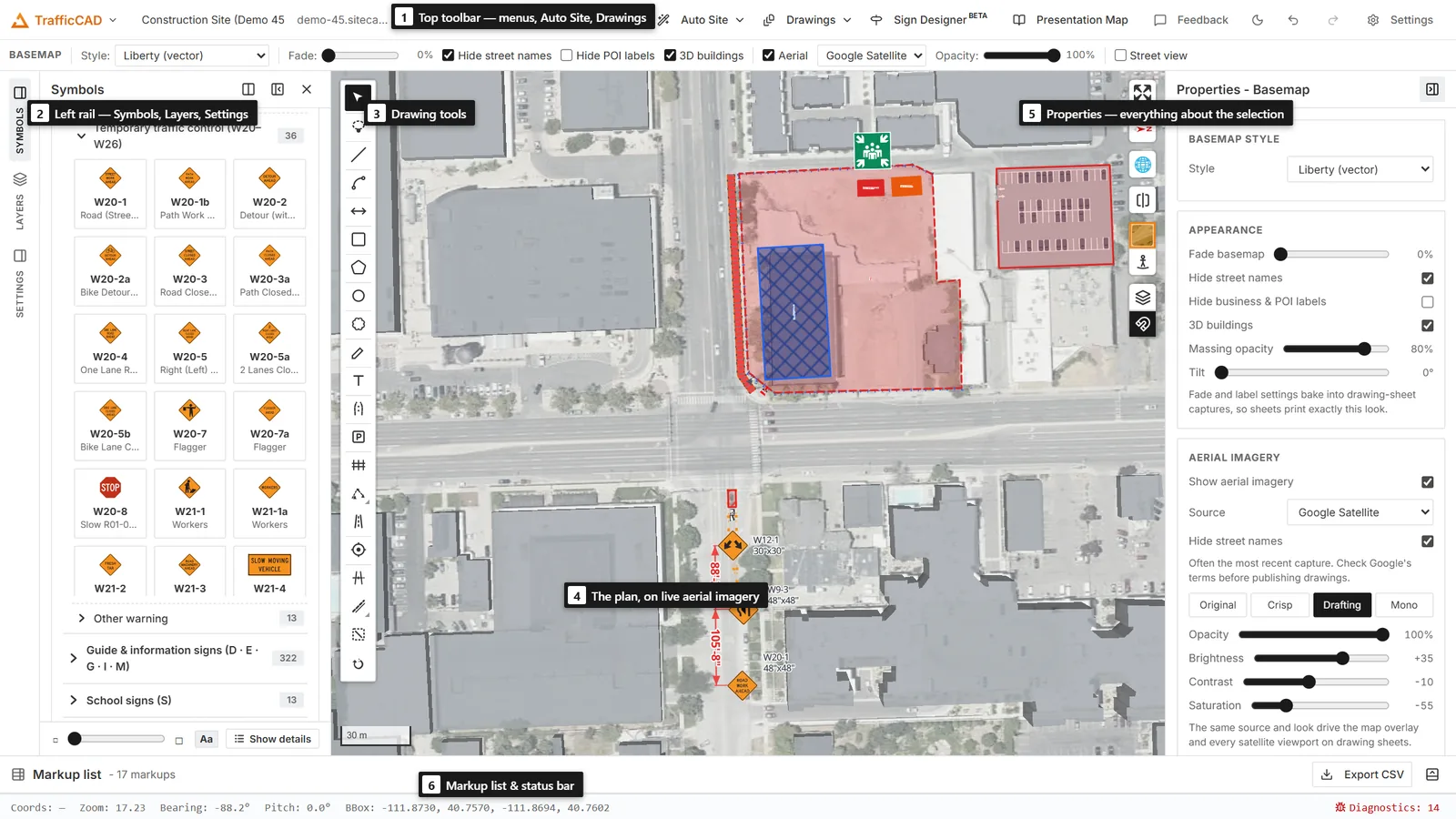 The TrafficCAD workspace with its main regions labeled