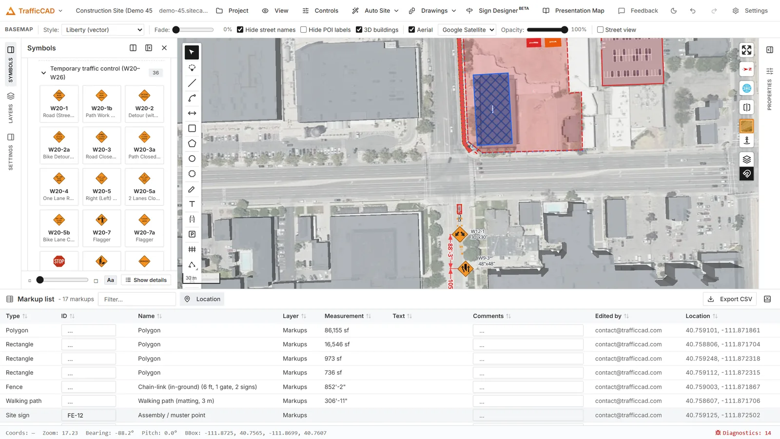 The Markups List with measurements, ready to export