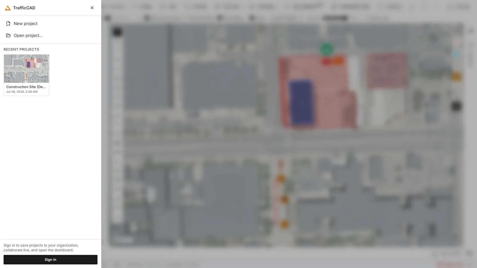 The TrafficCAD menu: cloud projects, recents, and your account