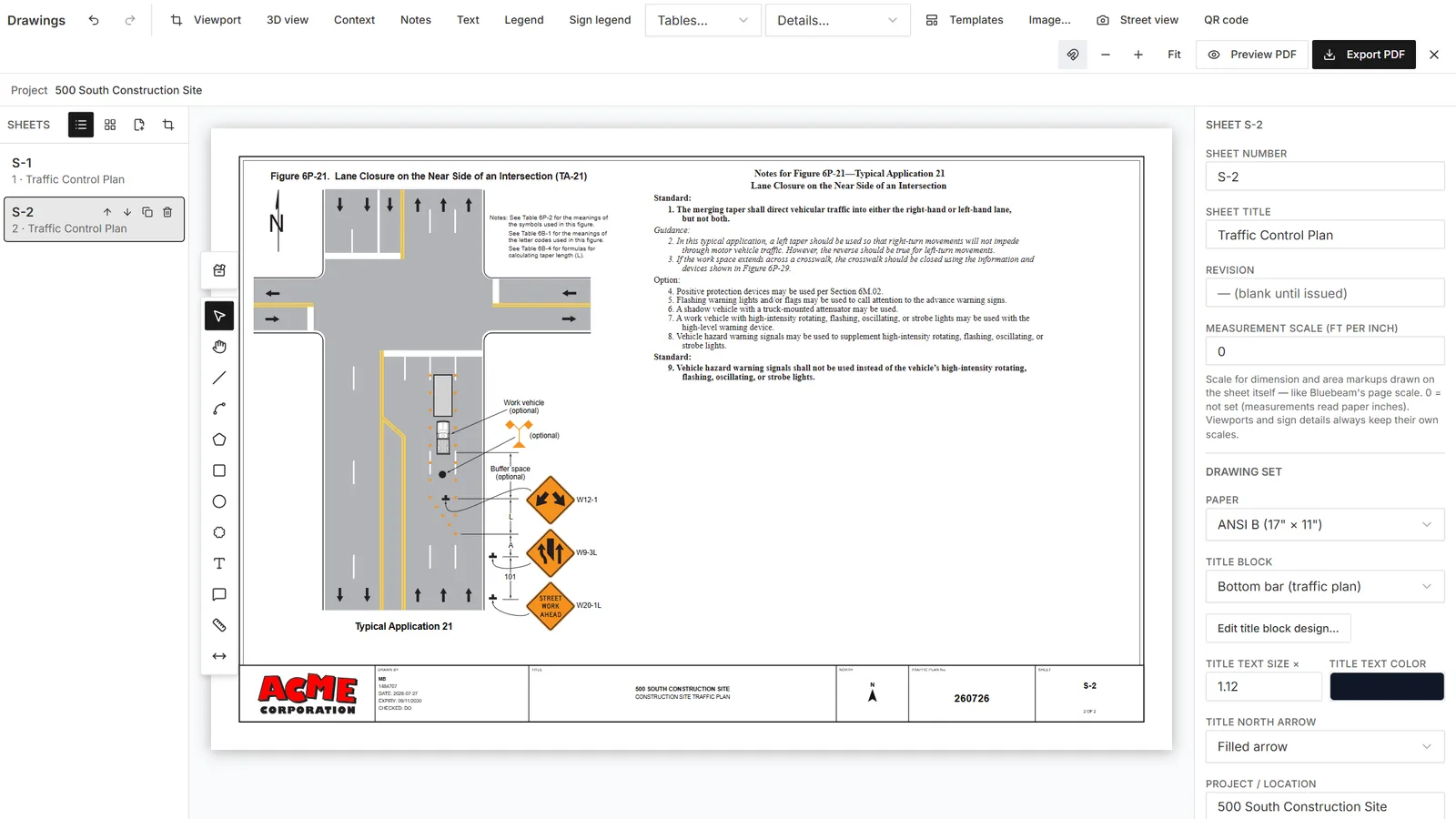 A multi-view TCP sheet as it exports to PDF