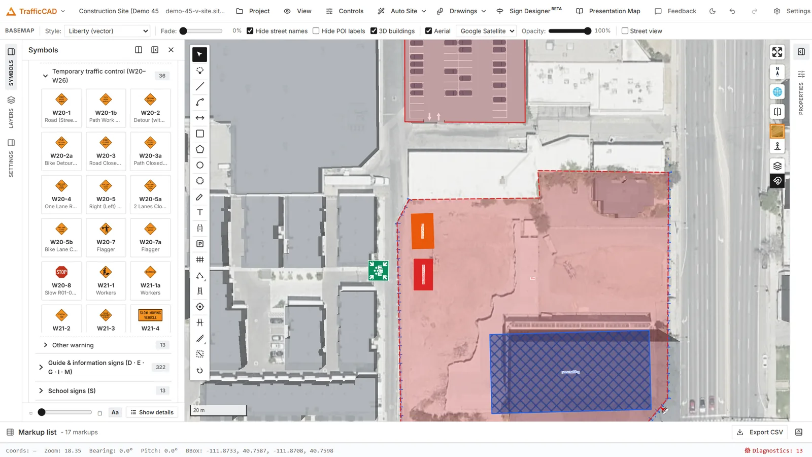 A site laid out with labelled zones over aerial imagery