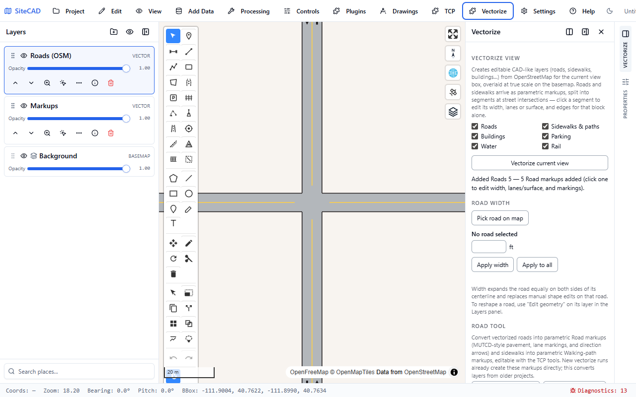 Vectorized streets split at each junction