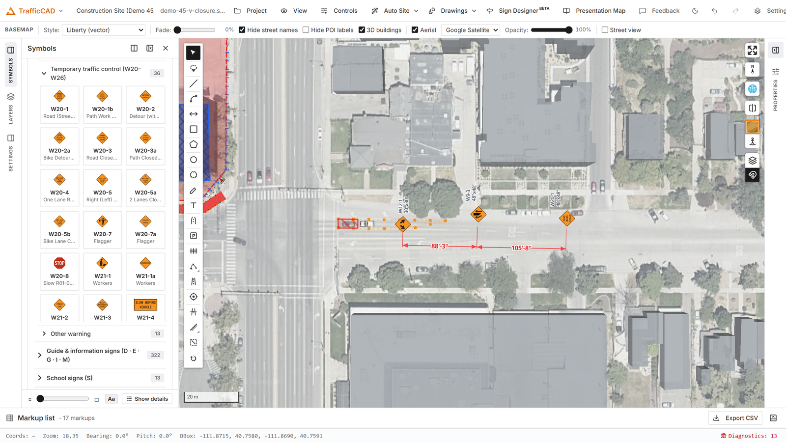 A work-area rectangle drawn on the map with the toolbar and style bar